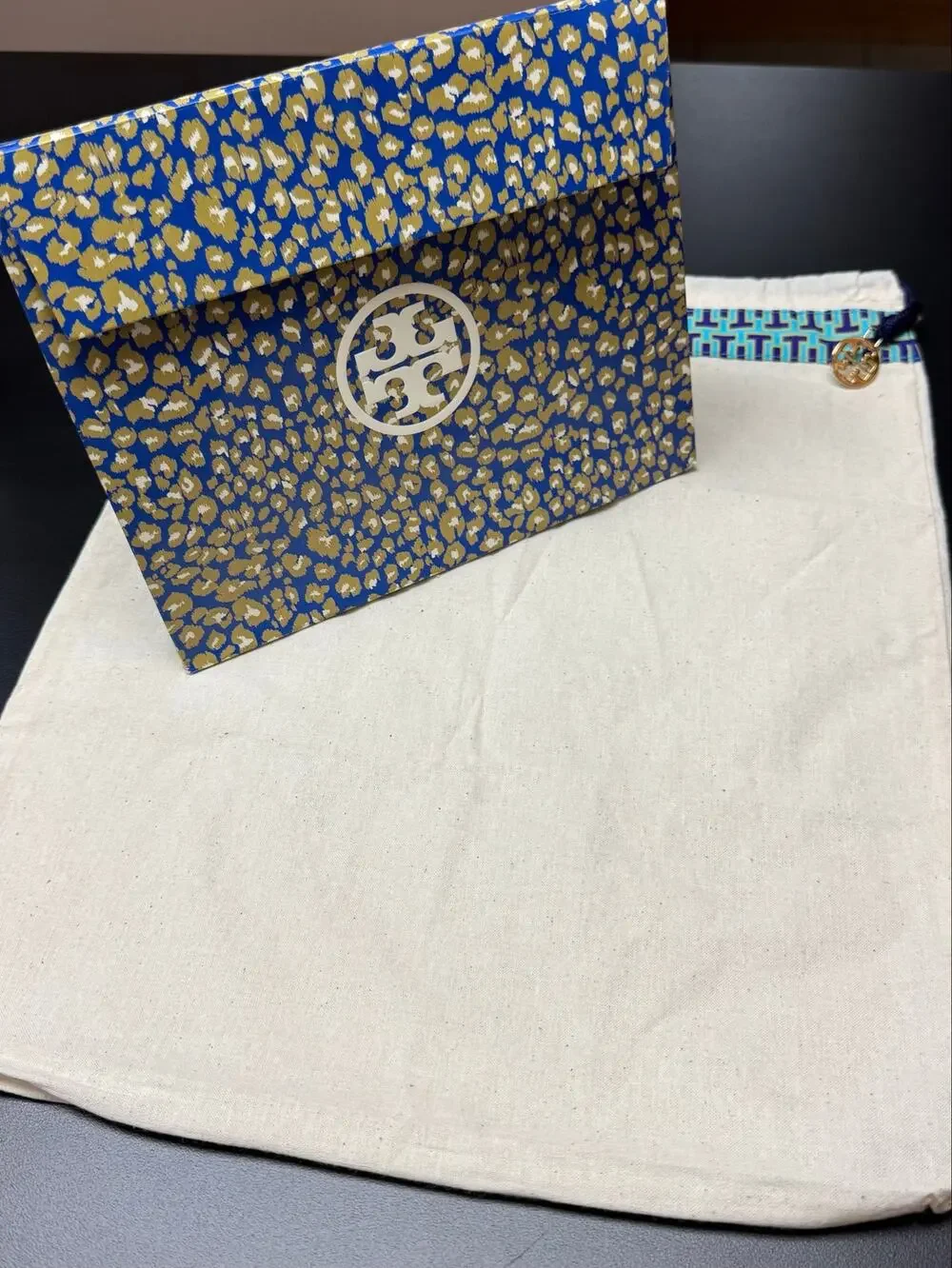Tory Burch Envelope Pouch Gift Bag & Matching Cotton Dust Bag Set Blue Gold